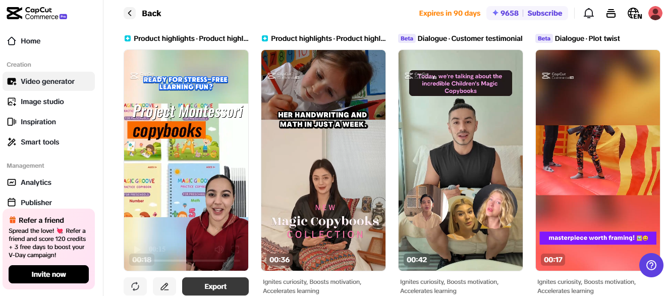 Pippit video generator showcasing educational products, highlighting eCommerce automation tools.